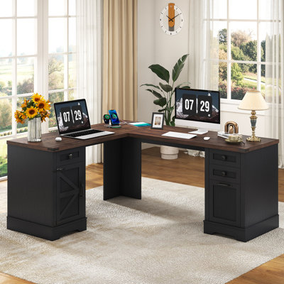 Bureau de direction en coin rustique avec armoire de rangement et ports de chargement, bureau d'ordinateur en L avec tiroirs classeurs Farmhouse