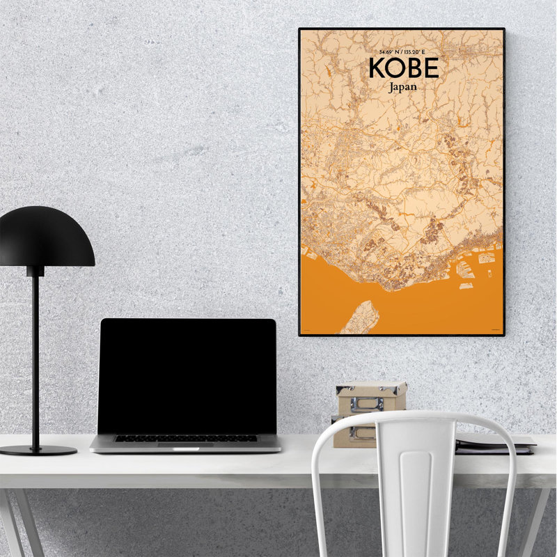 Kobe City Map, impression, H 36 po x l 24 po, Orange / or pâle