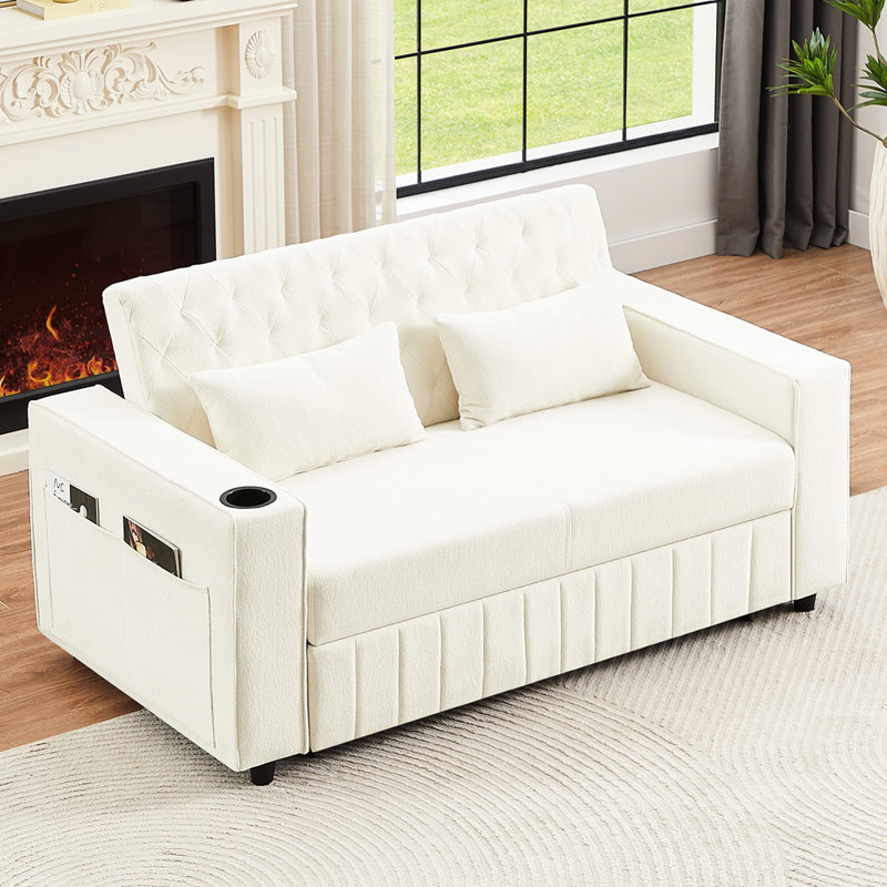 Modern Sleeper With Storage Pocket & Adjustable Back, Beige 61.4 Bed Cup Holders Foam Cushion For Living Room,, Beige