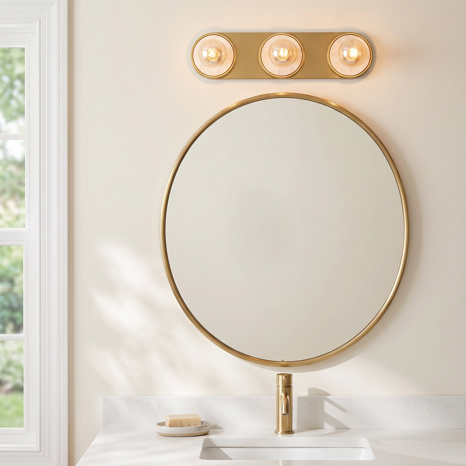 Rocha 3 Light Alabaster Dimmable Bath Bar, No, White Alabaster/Natural Aged Brass