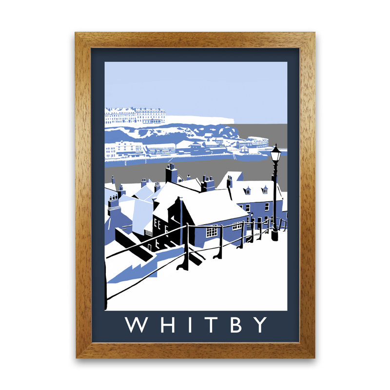 Whitby In Snow by Richard O'Neill - Single Picture Frame Print, 59.4 cm H x 42 cm W x 3 cm D, Honey Oak