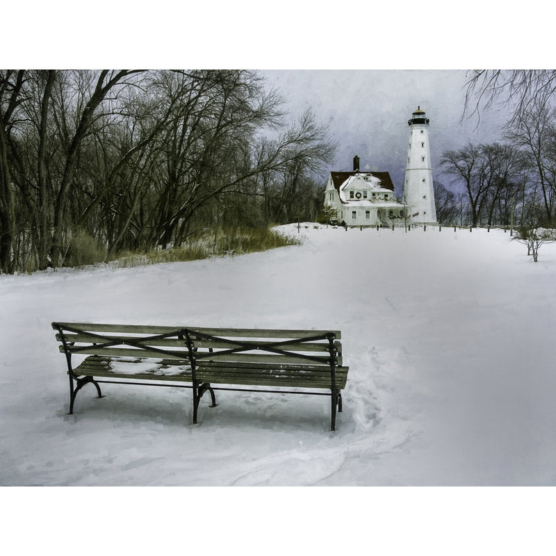 North Point Lighthouse And Bench Print by Scott Norris, 17.25" H x 21.25" W x 0.875" D