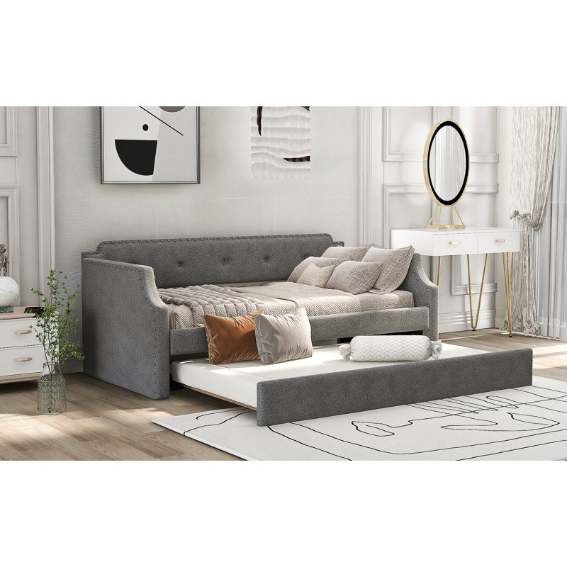 Upholstered Daybed With Trundle, Wood Slat Support,Upholstered Frame Sofa Bed, Gray