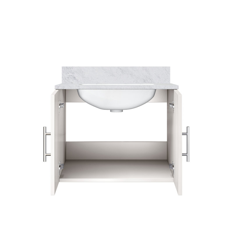 Meuble-lavabo blanc lustré l 24 po x P 22 po avec plateau en marbre de Carrare, Monotrou