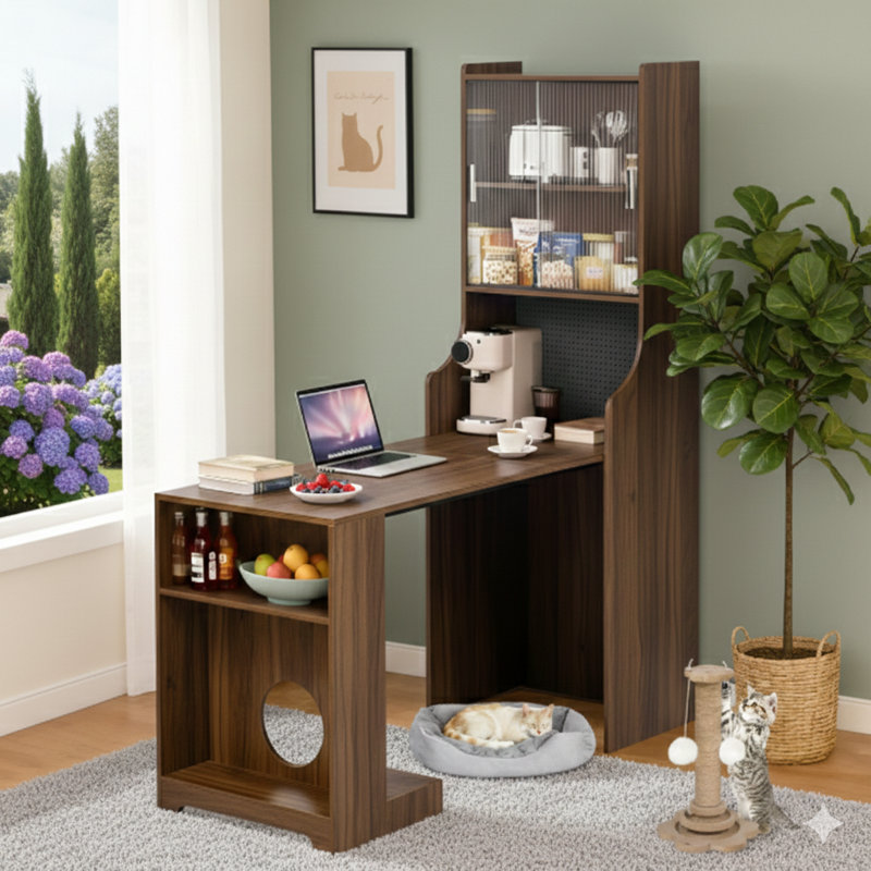 Table de salle à manger contemporaine extensible avec huche et compartiments de rangement, pouvant servir de bureau personnel ou de bureau de jeu pour animaux de compagnie avec tablettes, poste de travail peu encombrant comprenant un lit pour chat gratuit et un poteau à griffer