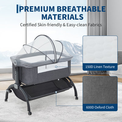 Berceau réglable pour lit de bébé 3 en 1, moustiquaire amovible, roulettes, panier de rangement, lit de bébé portatif pour tout-petit, gris foncé