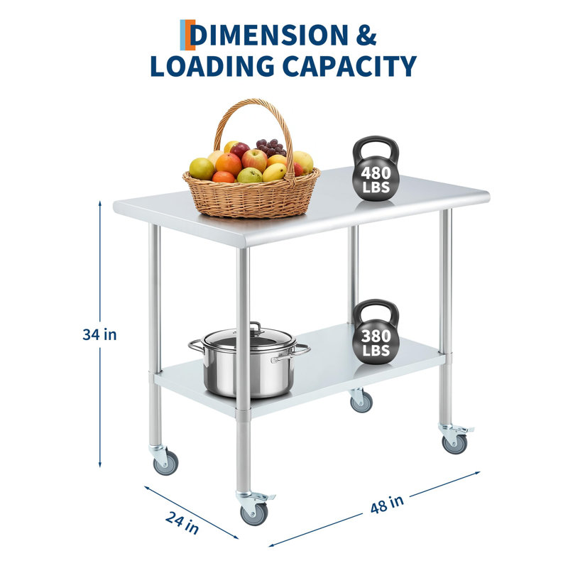 Table en acier inoxydable pour la préparation et le travail, table de travail de cuisine commerciale de 24 x 48 pouces avec 4 roulettes et sous-tablette réglable, table de préparation en métal robuste pour l'extérieur du garage du restaurant
