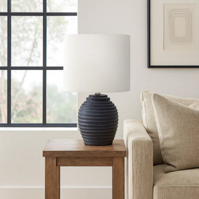 Jazz Tall Table Lamp With Black Resin Ribbed Base, Ivory Fabric Shade