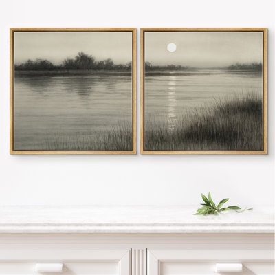 «Calm Moonlit Riverside Misty Landscape», reproduction d'art sur toile encadrée dans la chambre principale