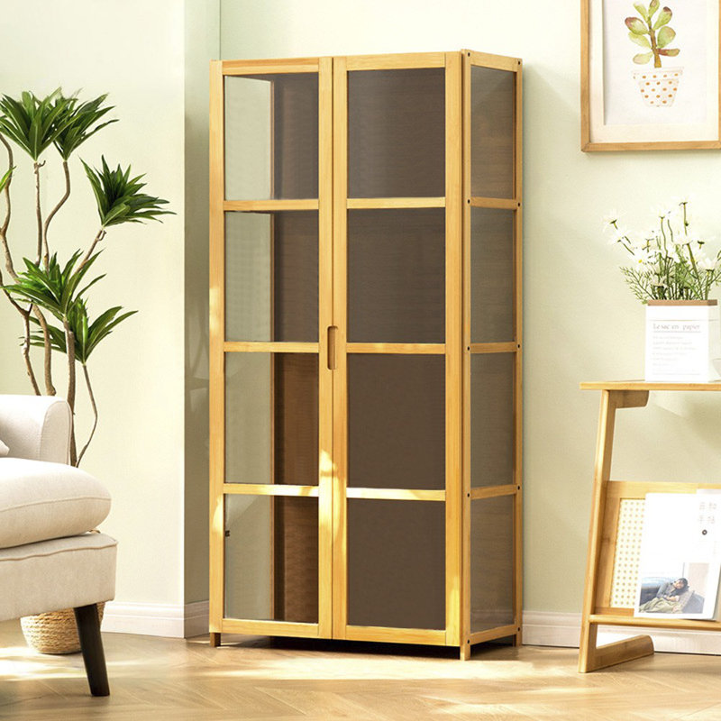 4-Tier Bamboo Display Case Figure Model Storage Cabinet Bookcase Collection Rack, beige