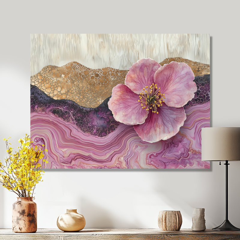 Fleur de pommier sur un sommet d'une rivière d'encre rose et blanche II - Art mural fleur de pommier, H 34 po x l 44 po
