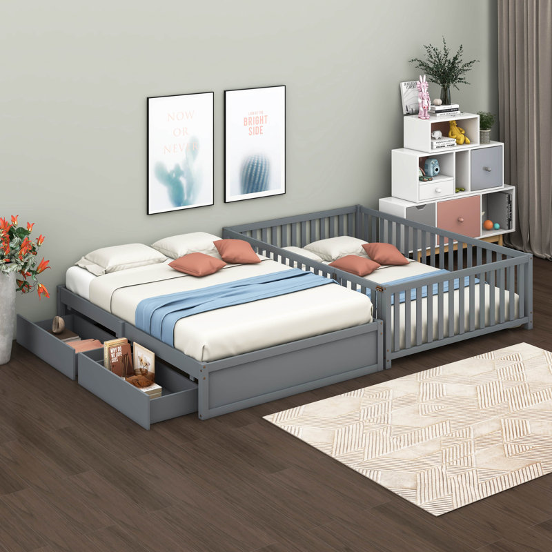 Joshau Wood Daybed with Fence Guardrails and 2 Drawers, Grey