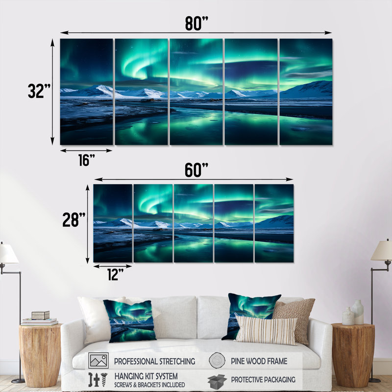 «Islandais Borealis», art mural 5 pièces «Aurora Borealis», H 28 po x l 60 po
