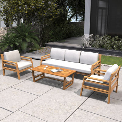 Oketa Acacia Wood 4-Piece Patio Conversation Set With Cushions