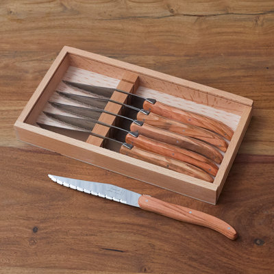 Ensemble de 6 couteaux à steak Laguiole, boîte en bois d'olivier avec couvercle en acrylique