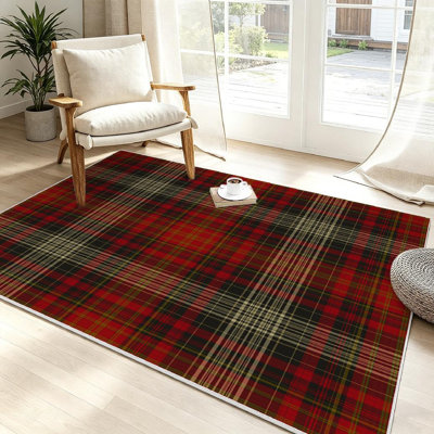 Cream Plaid Christmas Tartan Autumn Brown Fall Holiday Beige Black Brass Machine Washable Indoor Area Rug