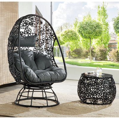 Chaise de patio et table d'appoint, verre transparent, tissu anthracite, noir, rembourrage en mousse, structure en métal, capacité de 100 kg, chaise 89 cm l x 81 cm p x 142 cm h, chaise 61 cm x 48 cm h avec coussin rembourré, 142 cm h