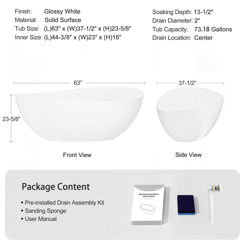 Baignoire autoportante de 63 po à surface solide, baignoire de trempage autoportante en résine d'ingénierie de luxe avec trop-plein et bonde escamotable pour salle de bain contemporaine, blanc brillant