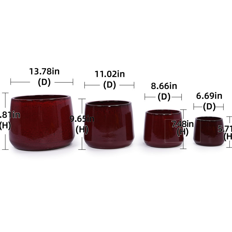4 Pieces, Bean Paste Red, Ceramic Flowerpot, Contemporary, Patio, Garden, Windowsills, Heat And Weather - , Glossy Body Planter, Frost Finish