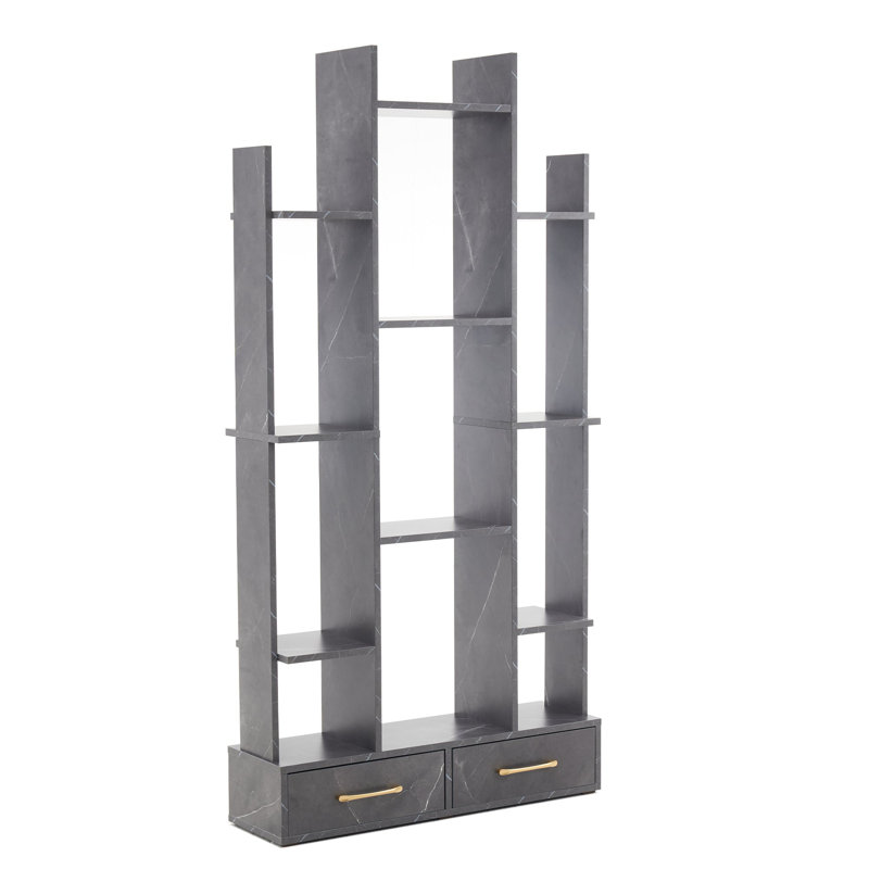 67" H x 33.5" W 3-Tier Bookcase with Open Shelves & 2 Drawers, Gray