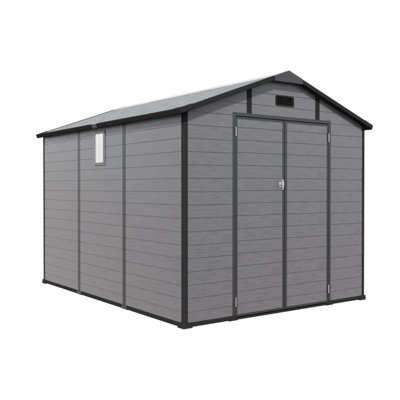 96×120-Inch Plastic Outdoor Storage Shed - Lockable Resin Tool Shed With Windows And Floor Panels, Dark Gray