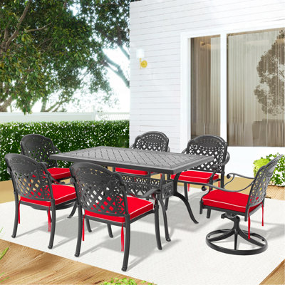 Ensemble de salle à manger 7 pièces en fonte d'aluminium toutes saisons comprenant 2 chaises pivotantes, 4 chaises et une table rectangulaire avec cadre noir