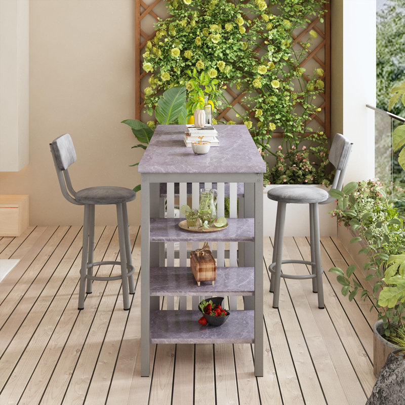 Ensemble de table de bar moderne 3 pièces avec tabourets en polyuréthane et rangement à 3 niveaux, Gris