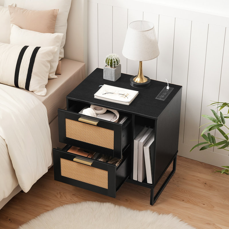 Bennye 21.65'' W Nightstand with Storage and Built-In Outlets,Rattan  Nightstand