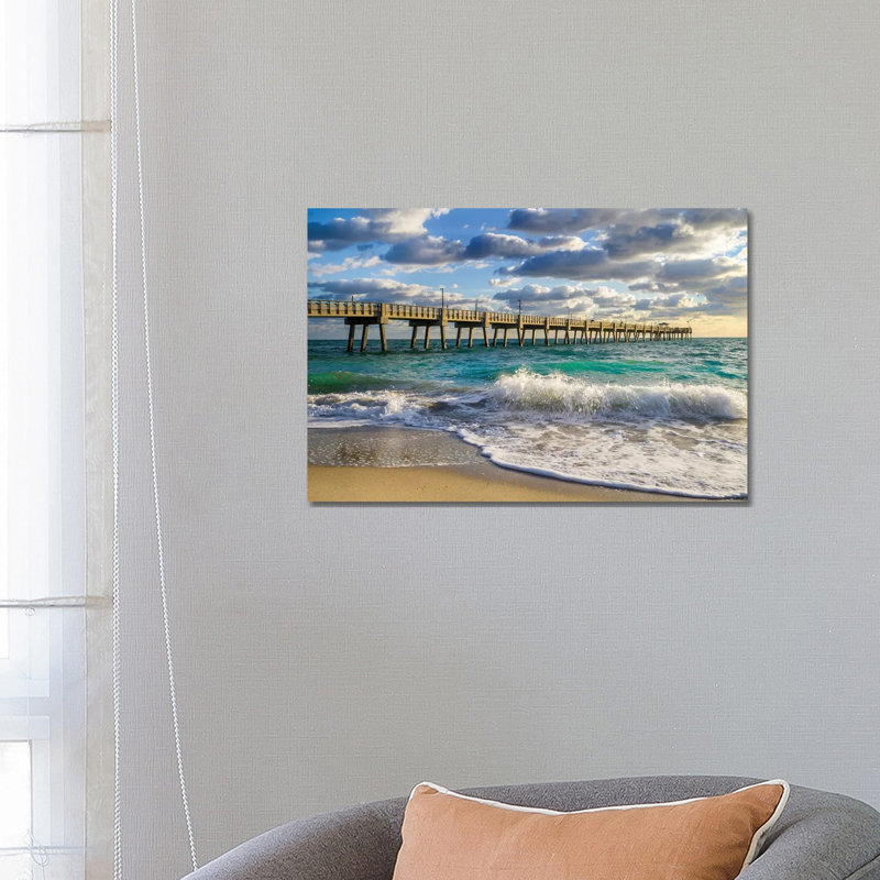 Florida Beach Pier,High Tide Waves,Miami,Florida by Susanne Kremer - Wrapped Canvas Gallery-Wrapped Canvas Giclée