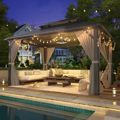 Pavillon de jardin en aluminium 10 pi x P 14 pi avec toit en acier galvanisé, filets et rideaux