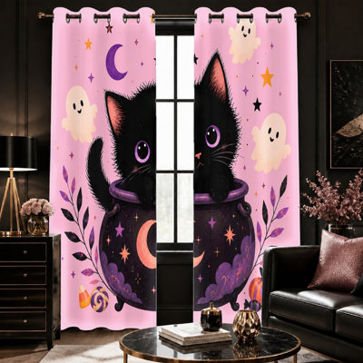 2 pièces de chat noir mignon dans un chaudron avec des rideaux à imprimé d'Halloween, un fantôme fantaisiste et un motif de lune, une décoration de pièce d'art ludique festive, un isolant solaire isolant pour la chambre à coucher