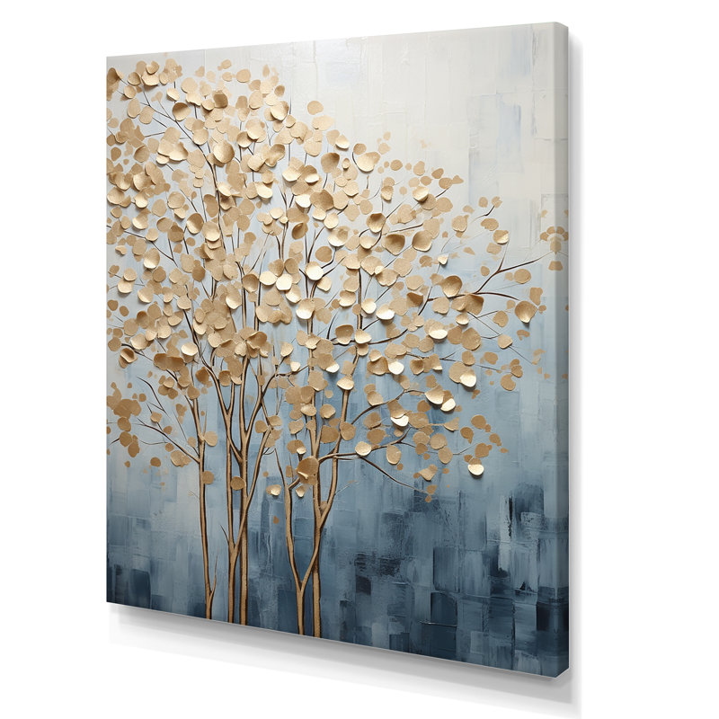Minimalisme, arbres dorés et bleus scène VII - arbres, art mural, Toile tendue, H 20 po x l 12 po x P 1 po