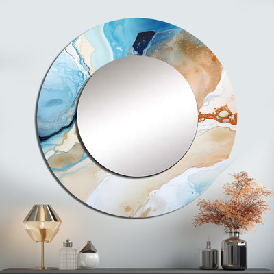 Encre liquide bleue et blanche Geyser IV - formes abstraites, miroir mural rond bleu grand