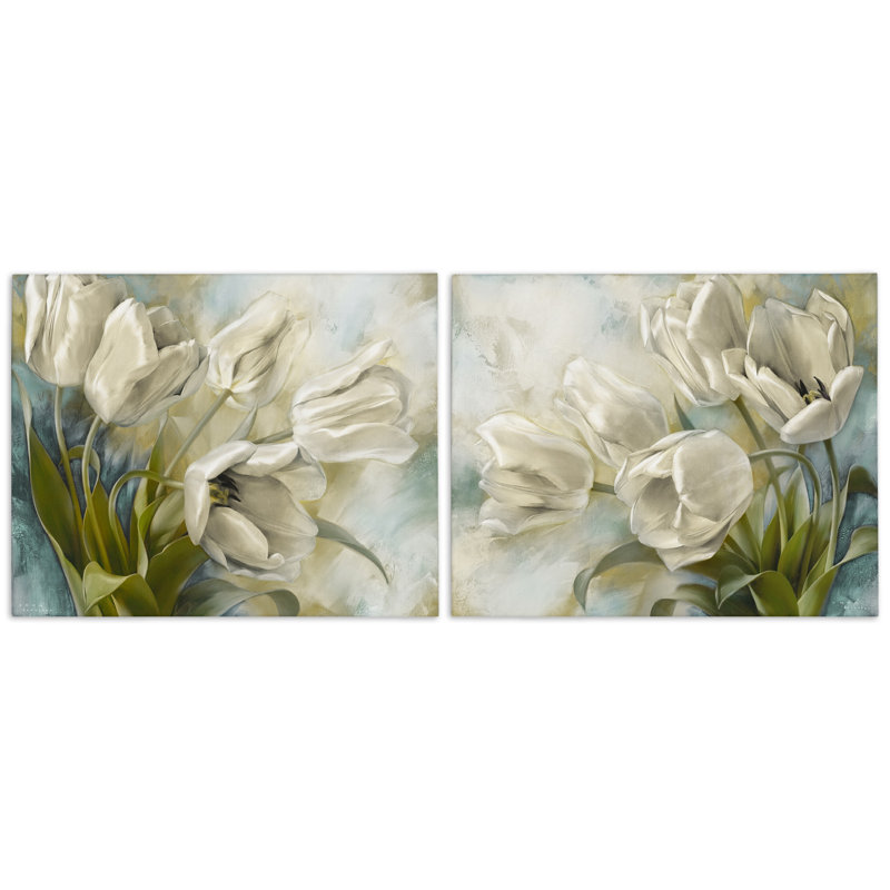 Ensemble de 2 tulipes incurvées à gauche et à droite sur toile par Iorg Levashov, H 16 po x l 20 po