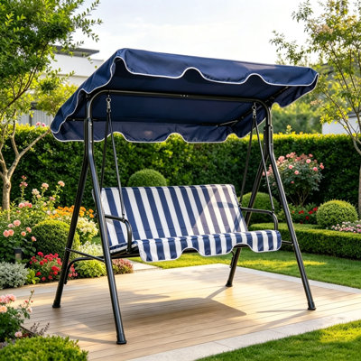 3-Seat Patio Swing Chair, Dark Blue Cushion & Canopy