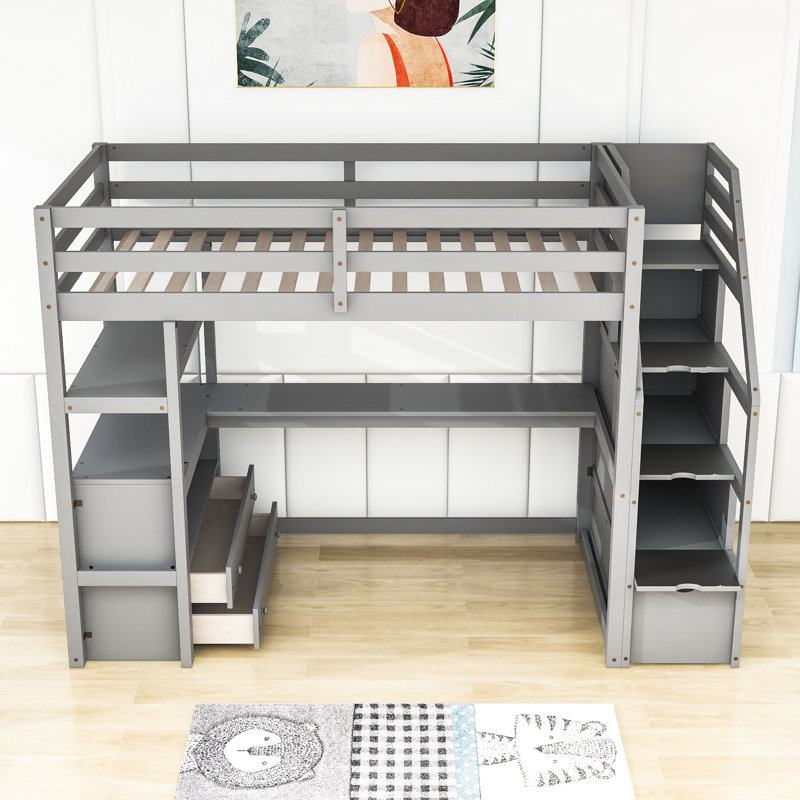 Lit mezzanine pour enfant avec tiroirs Casandra, Simple, gris