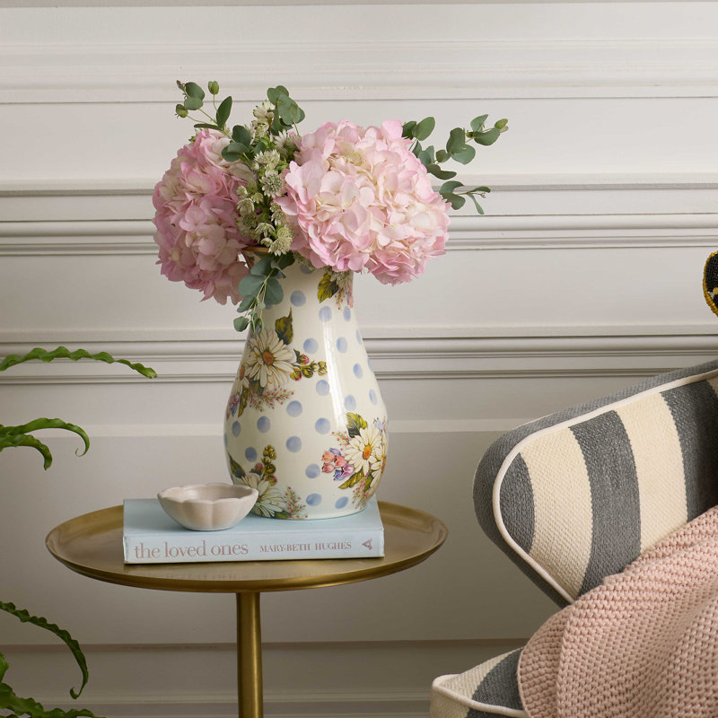 Blue Floral Polka Dot Tulip Vase with Bronze Rim