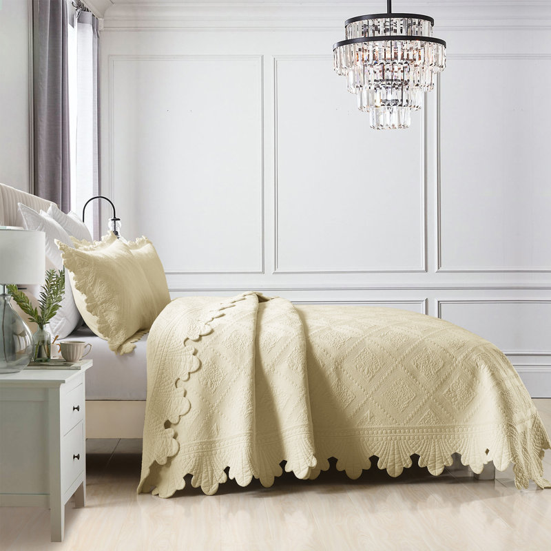 Tkembroidery Cotton Abstract Bedding, Queen Quilt + 2 Standard Shams, Beige Khaki