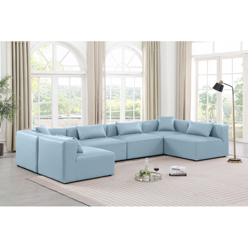 Houswerth Upholstered U-Shaped Sectional Reversible, Light Blue Faux Leather