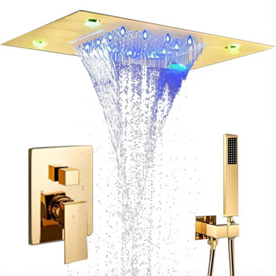 Robinet de douche à pluie et cascade de pluie 14 x 20 po à DEL dorées