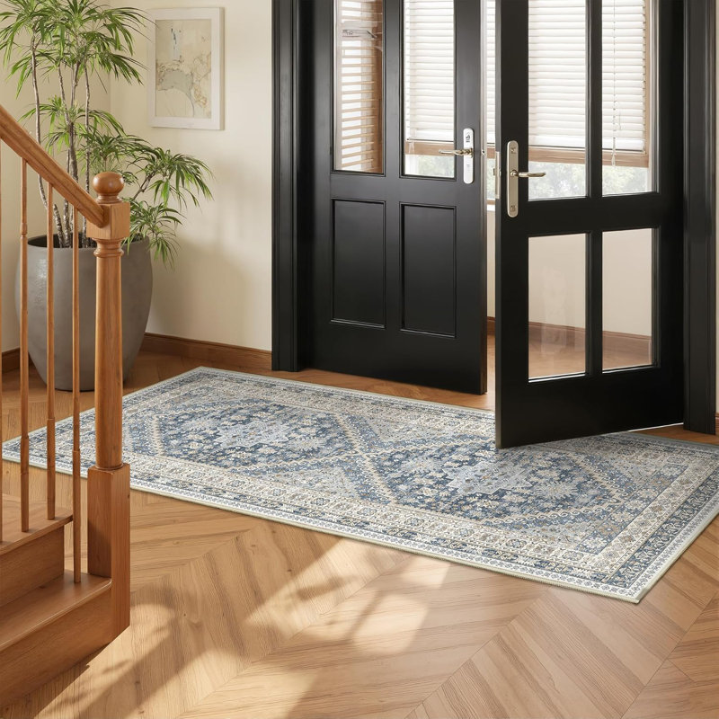 Tapis de cuisine antidérapant lavable, Bleu / Beige, Tapis de couloir 2 pi x 6 pi
