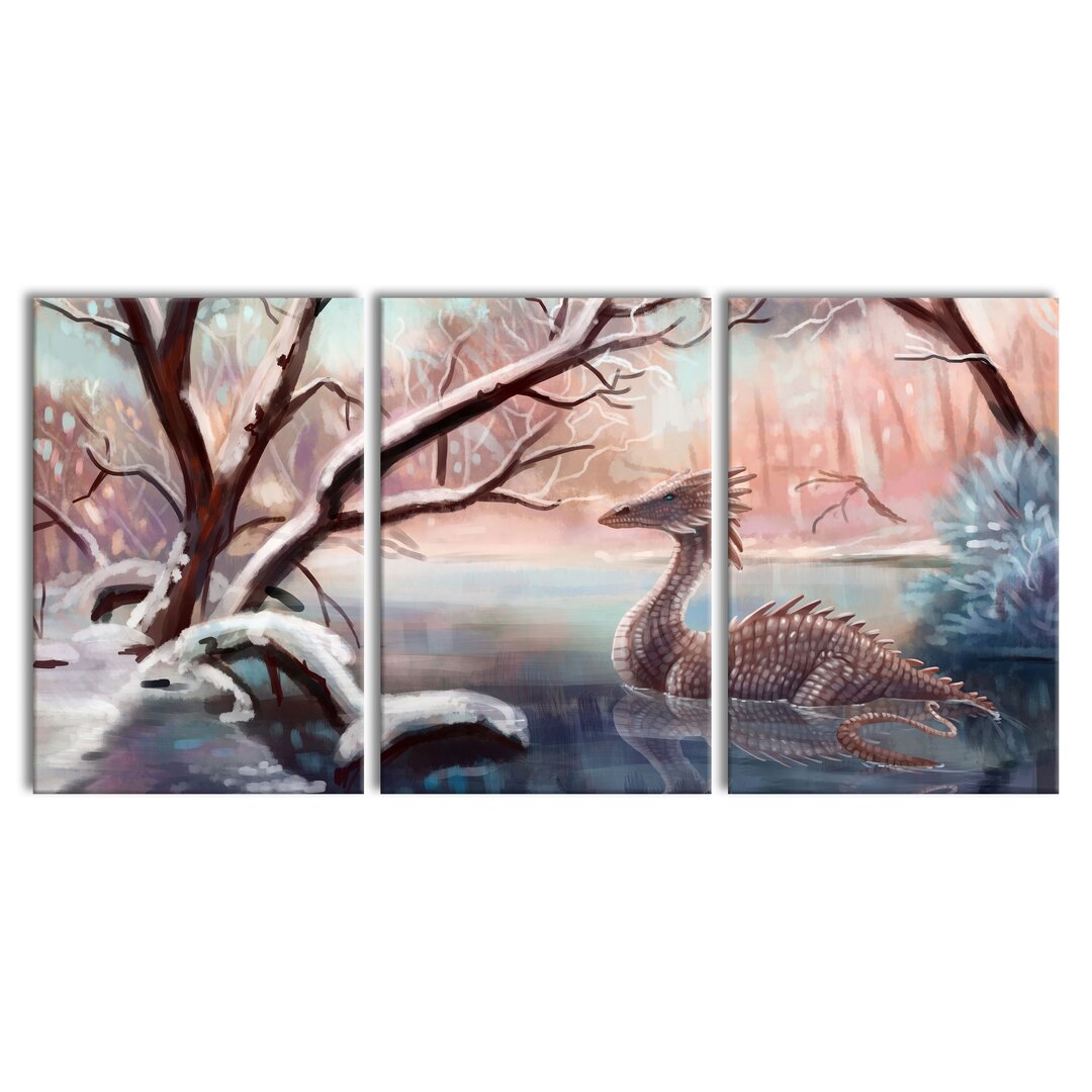 3-tlg. Leinwandbilder-Set Dragon in a Snowy Forest