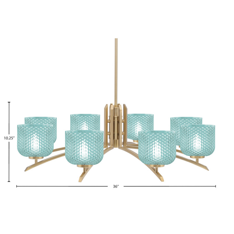 Lustre 8 lumières kurve présenté en finition nouvel âge en laiton avec verre texturé de 6 po, Bleu sarcelle