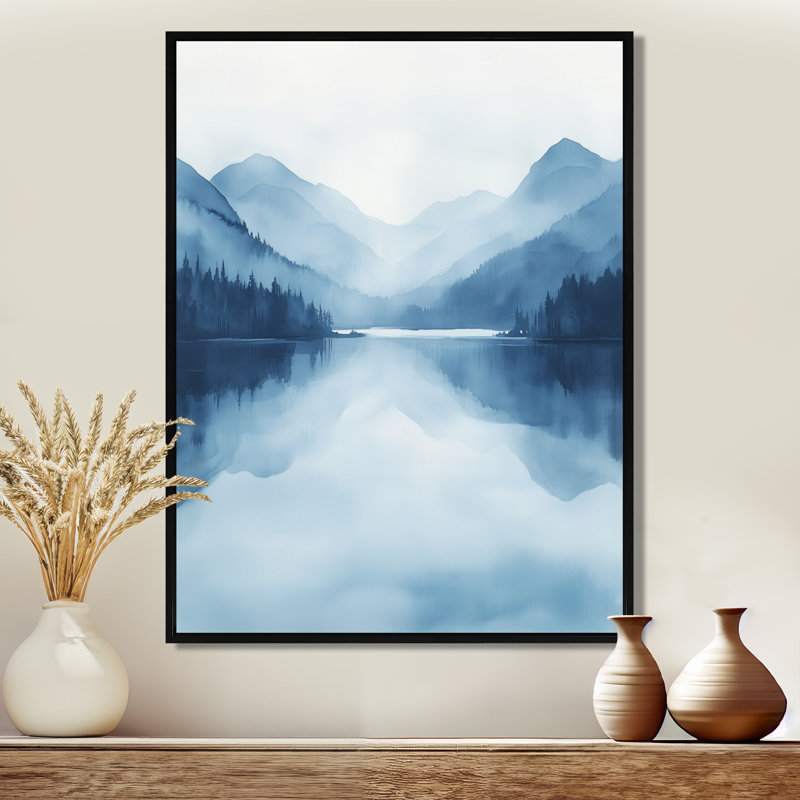 Scandinavian Calming Lake I - Blue Nature, reproduction d'art, H 40 po x l 30 po, Cadre flottant noir