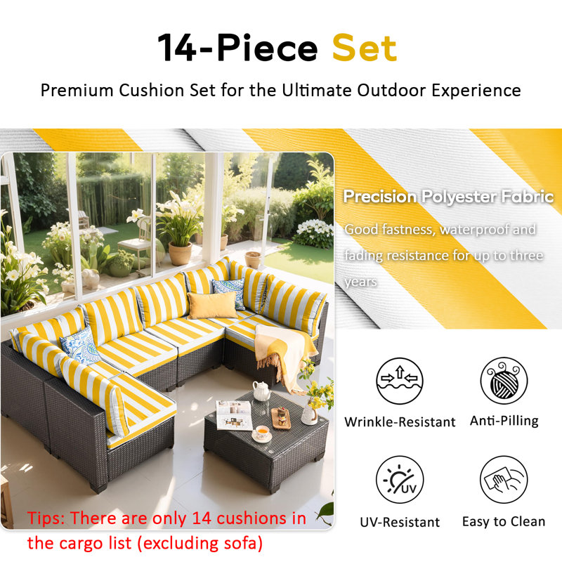 14-Piece Outdoor Sectional Cushions, Waterproof Seat/Back Cushion For Patio Furniture, 4" Thick Replacement Set