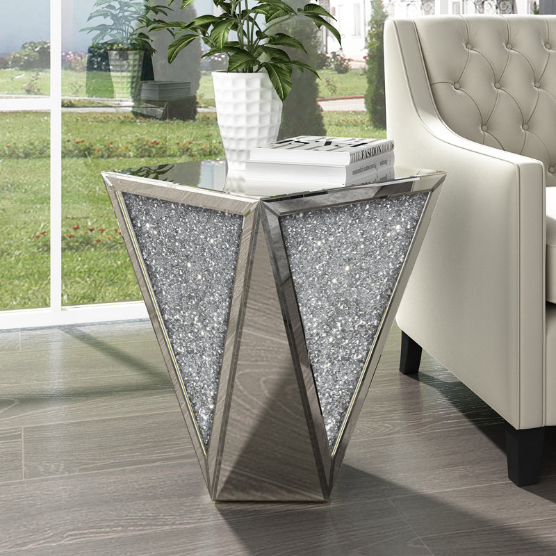Brayan 19.7'' Tall Pedestal Mirrored Glass Top End Table with Crystal Inlay, High Gloss Side Table for Living Room, Bedroom, Nightstand