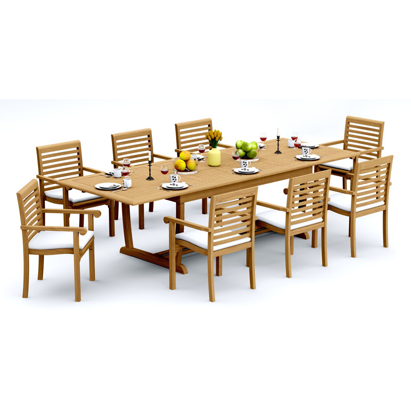 9 Pcs Grade-A Teak Wood Dining Set: 118" Double Extension Mas Rectangle Trestle Leg Table And 8 Hari Stacking Arm Chairs #11HR2508