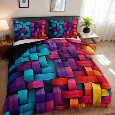 Multicolor Geometric Microfiber Duvet Cover Set With Pillowcases, Digital Print Woven Block Pattern Front With Solid Black Back, Reversible Bedding, Twin Full Queen King, Comforter And Pillow Inserts Not Included