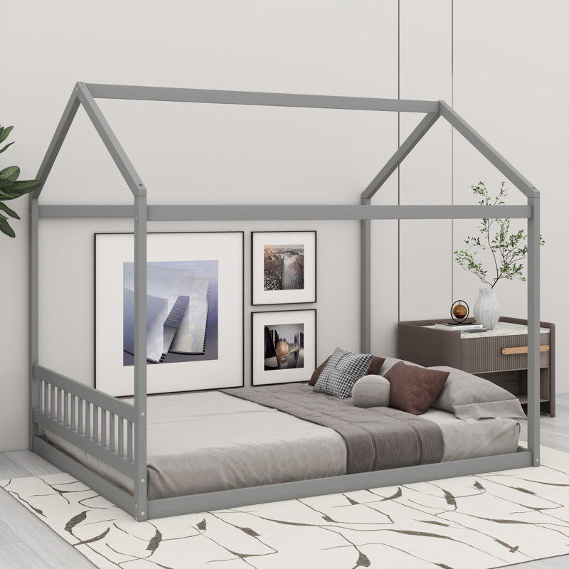 Lit maison en bois avec tête de lit Fun House, Gris