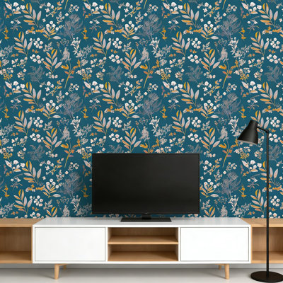 Papier peint adhésif floral rétro - Papier autocollant en vinyle imperméable avec motif botanique feuille d'or pour murs, armoires et décoration intérieure